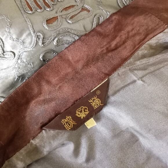 Vintage TANG JACKET Silk Satin Gray Brown Embellished Long Suit Coat Large XL - Picture 9 of 10